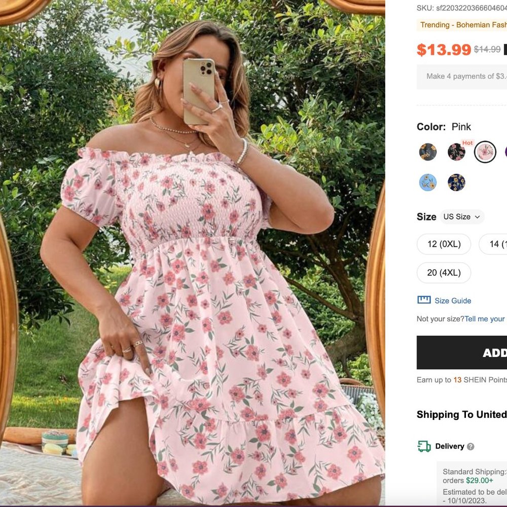 SHEIN Plus Floral Print Off Shoulder Shirred Ruffle Hem Dress Size 12